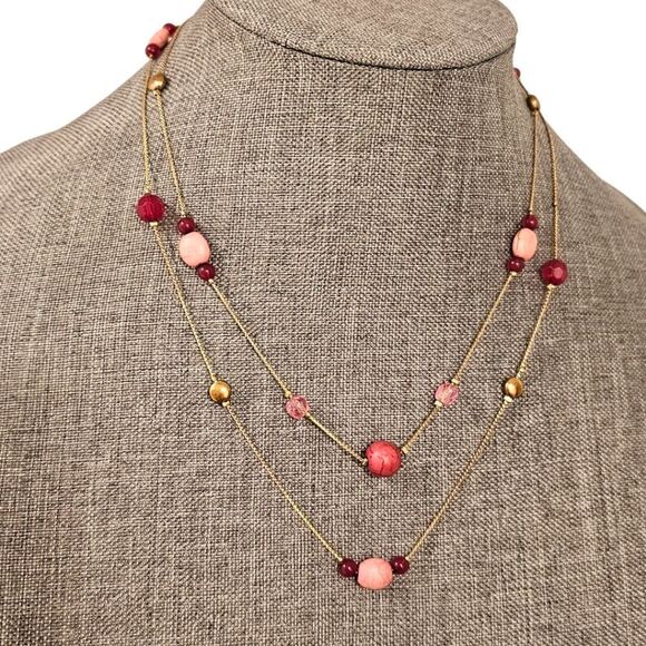 LOFT Pink & Gold Beaded Double Layer Necklace - Picture 8 of 11